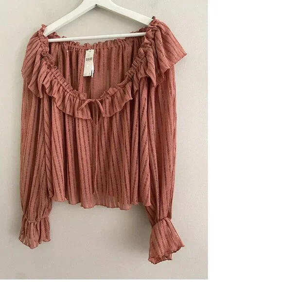 By Anthropologie Long-Sleeve Sheer Striped Crop Blouse top  nwt new with tag - Picture 2 of 7